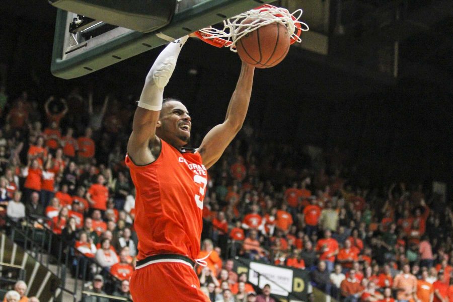 Gian Clavell (3) with a huge 2nd half dunk against SDSU in the 2nd half of the Rams thrilling win over the Aztecs. Clavell finished with a game high 18 points and 10 rebounds. (Javon Harris | Collegian)