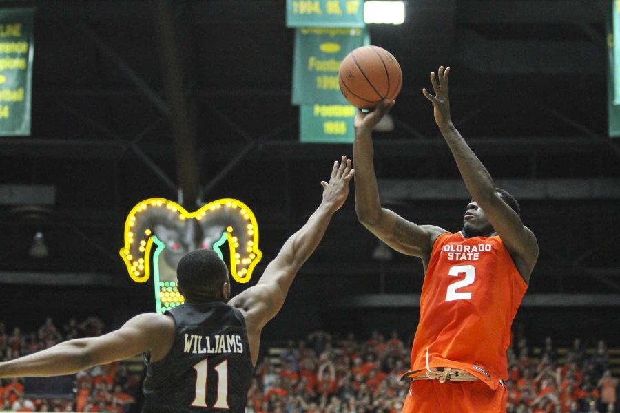 Emmanuel Omogbo (2) with the game winning three pointer to put the Rams up 56-55 against SDSU. Omogbo finished with yet another double double. (Javon Harris | Collegian)