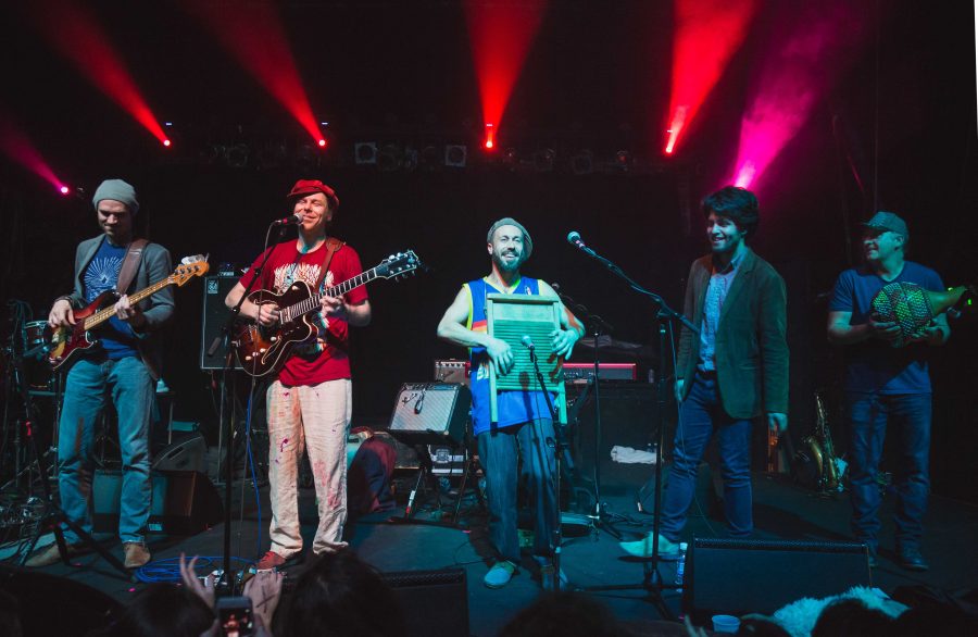 (From left to right) Beau Bradbury, Lech Wierzynski, Ben Malament, Lorenzo Loera and Johnny Bones from the California Honeydrops perform for a packed house Wednesday night in the Aggie Theater (Davis Bonner | Collegian)