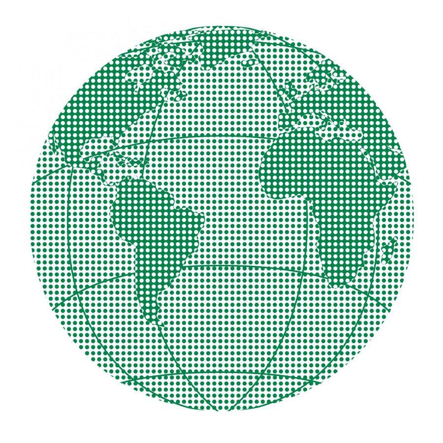 Illustration of green globe set in white background done in retro style.
