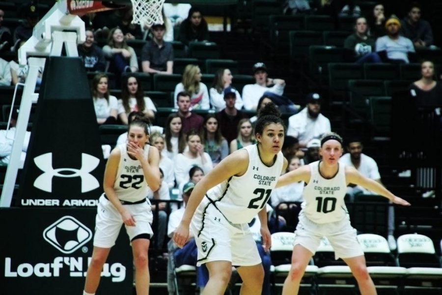 Elin Gustavsson (22), Myanne Hamm (21), and Hannah Tvrdy (10) get set to defend the Utah State offense in the CSU win. Photo credit: CJ Johnson