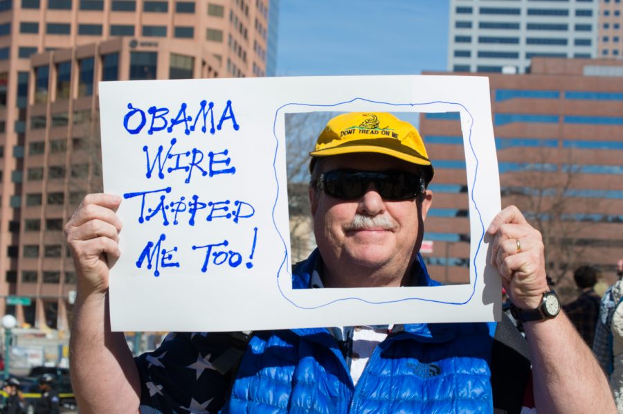 Peter Pundit, also known as "Pundit Pete", made an interactive sign for the March 4 Trump Rally in Denver on Saturday.  Photo by Kaitlyn Ancell | Collegian