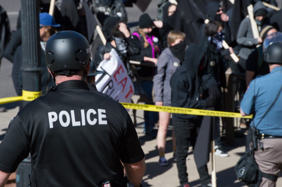 Denver Police show up at the March 4 Trump Rally to keep peace between the two conflicting groups. Photo by Kaitlyn Ancell | Collegian