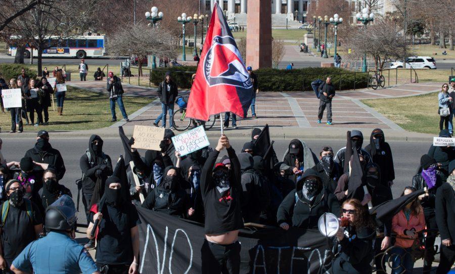 The ANTIFA show up at the March 4 Trump rally in Denver on Saturday. Photo by Kaitlyn Ancell | Collegian