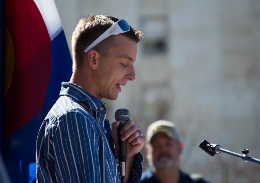 Patrick Sjorjaneck, speaker for the Gays for Trump Organization, speaker at the March 4 Trump Rally in Denver on Saturday. Photo by Kaitlyn Ancell | Collegian