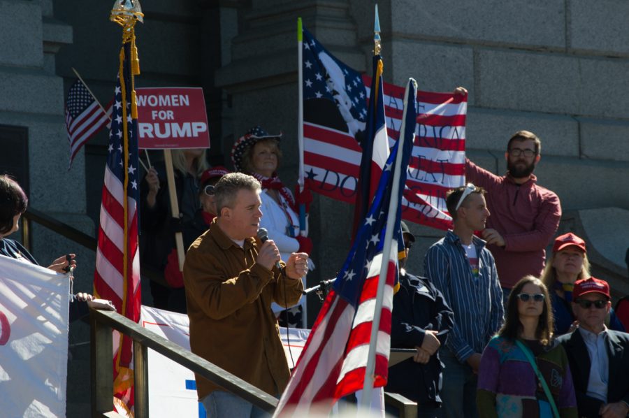 Tom Tancredo gives a speech at the March 4 Trump rally in Denver on Satuday. Photo by Kaitlyn Ancell | Collegian
