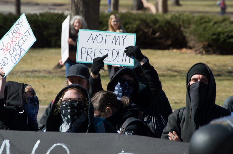 The ANTIFA antagonize the police and Trump supporters at the March 4 Trump rally in Denver on Saturday. Photo by Kaitlyn Ancell | Collegian