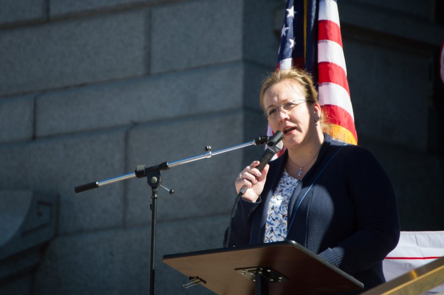 Cindi Turchik gives a closing speech at the March 4 Trump rally at the State Capitol in Denver on Saturday.  Photo by Kaitlyn Ancell | Collegian