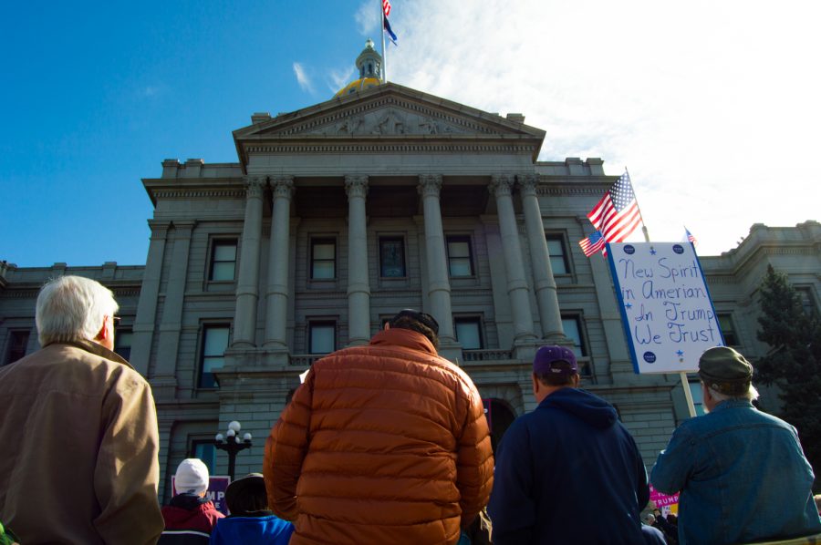 Trump Supporters gather in front of the state capitol building in Denver on Saturday. Photo by Kaitlyn Ancell | Collegian