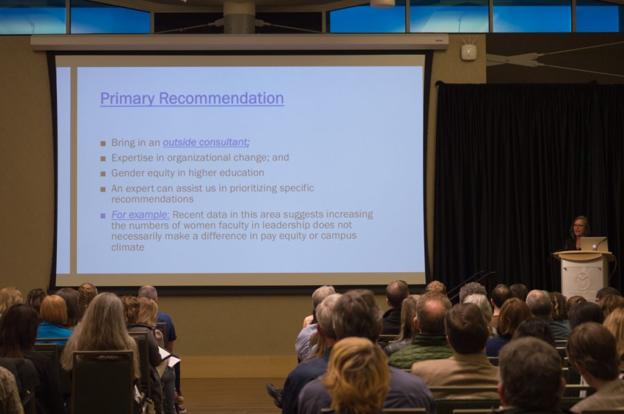 Roe Bubar discusses recommendations for challenging gender inequity among women faculty at the Woman Faculty Experience on Campus forum, March 20. Photo by Kaitlyn Ancell | Collegian
