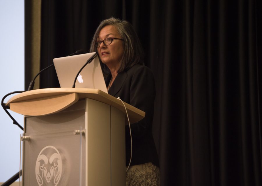 Roe Bubar quotes Tony Frank at the Women on Campus Experience Forum on March 20. She quoted: "Change is hard but it is what we do and after all, not changing is even harder." Photo by Kaitlyn Ancell | Collegian