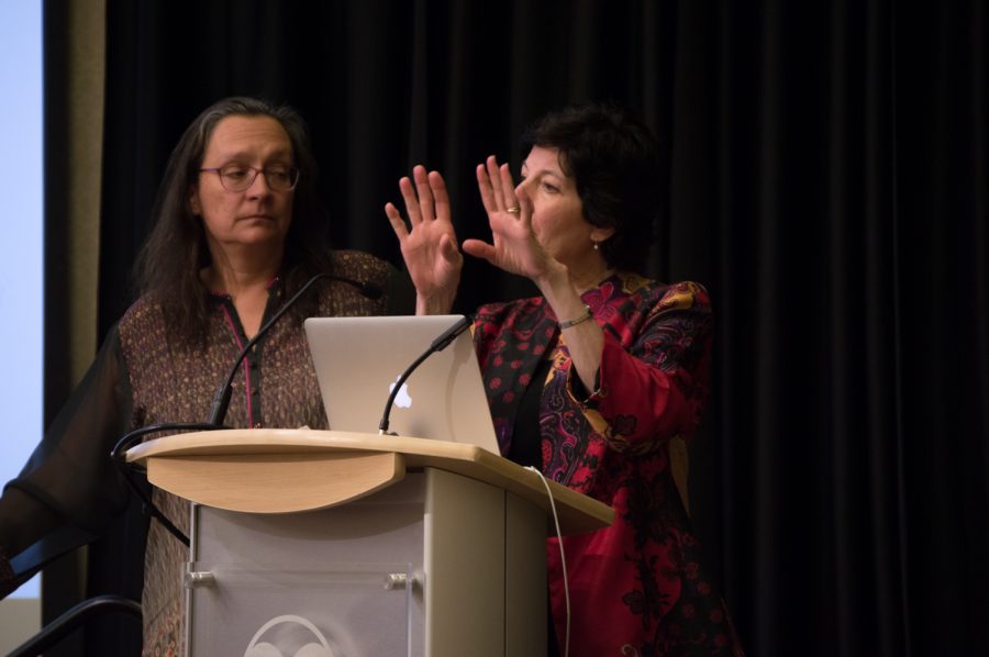 Sue James, Chair of the Commission on Woman and Gender Equity Professor, and Nadya A. Fouad, Ph.D, answer the audience's questions at the Women Faculty Experience Forum on Monday, March 20. Photo by Kaitlyn Ancell | Collegian
