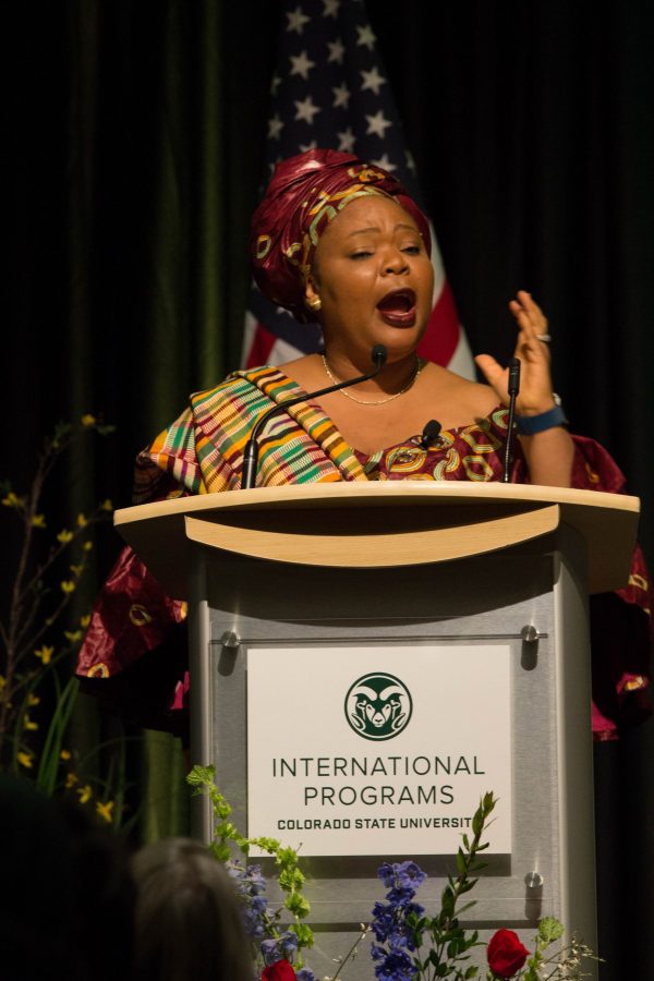 Nobel Peace Prize Laureate, Leymah Gbowee, speaks to a crowd at CSU about womens rights and peace.