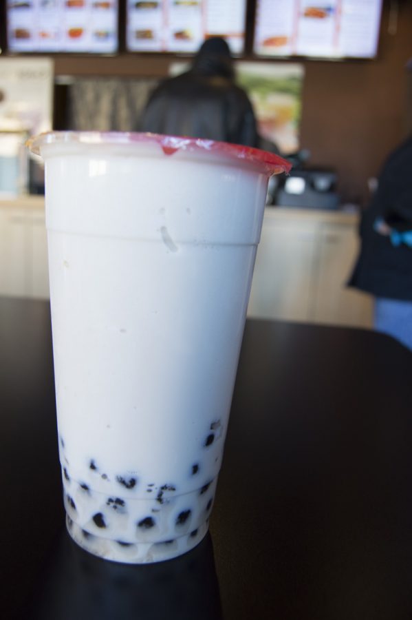 A white chocolate boba drink from Teriyaki Wok Two is depicted. (Michael Berg | Collegian)