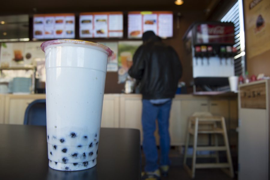 A white chocolate boba drink from Teriyaki Wok Two is depicted. (Michael Berg | Collegian)