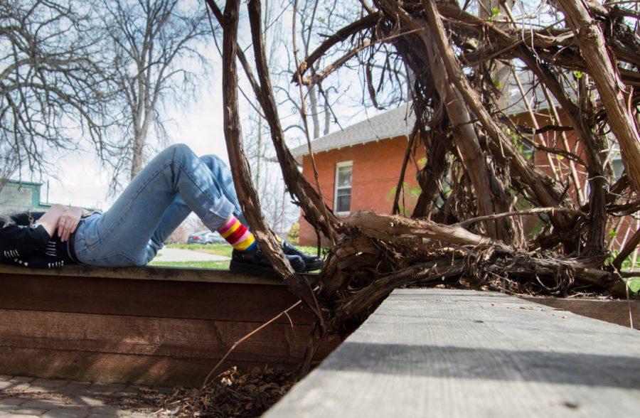 Carolyn Roeglin snoozes by the Occupational Therapy Garden, March 21. Photo by Olive Ancell | Collegian