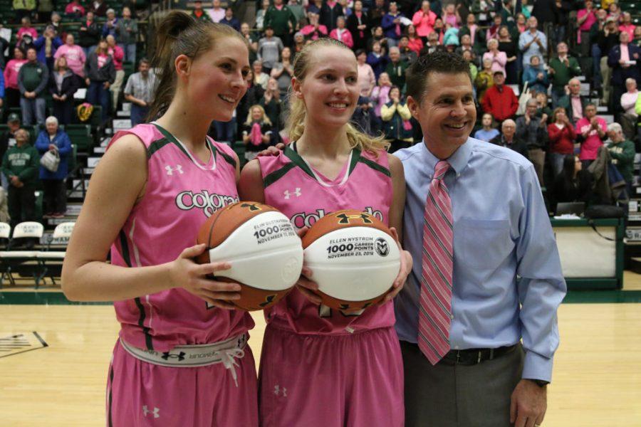 CSU Senior Ellen Nystrom and Elin Gustavsson celebrate their 1000th career point during a post game ceremony on February 22 at Moby Arena. (Elliott Jerge | Collegian)