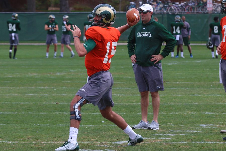 Colorado State quarterback Collin Hill takes part in drills during spring practice on March 30, 2017. Hill retore his ACL playing intramural basketball on March 8, 2018. (Elliott Jerge | Collegian)