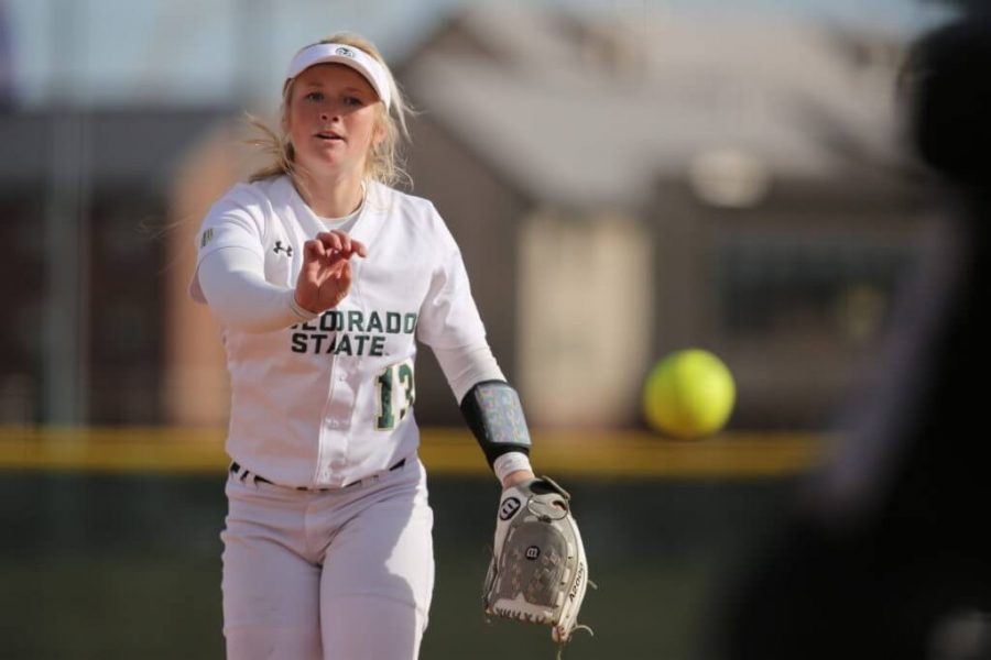 Colorado State Universitys Bridgette Hutton (13) pitches during a game against Buffalo on Friday, March 3, 2017. (Forrest Czarnecki | Collegian)