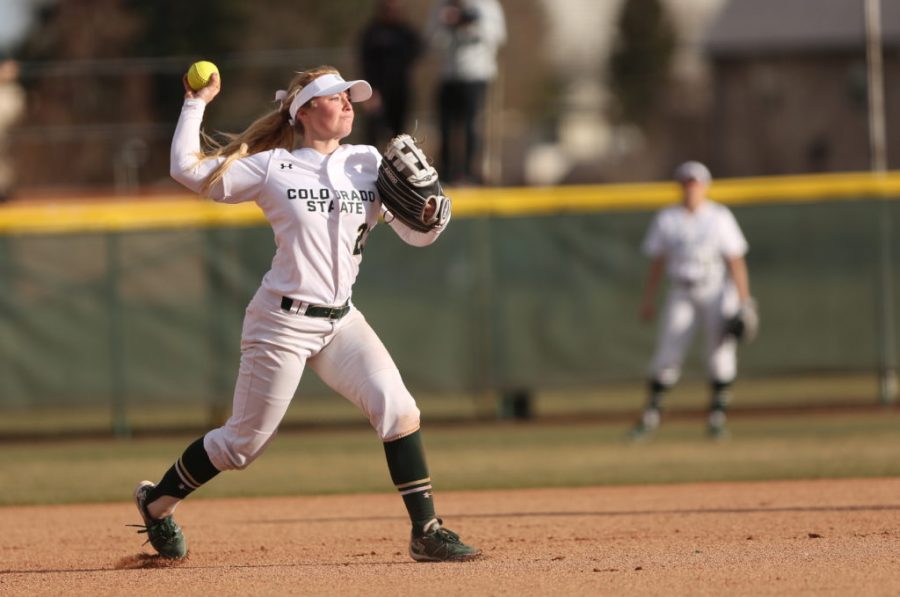 Colorado State Universitys Haley Hutton (23) throws to first for an out during a game against Penn State on Friday, March 3rd at Colorado State University. CSU beat Penn State 4-0. (Forrest Czarnecki | Collegian)