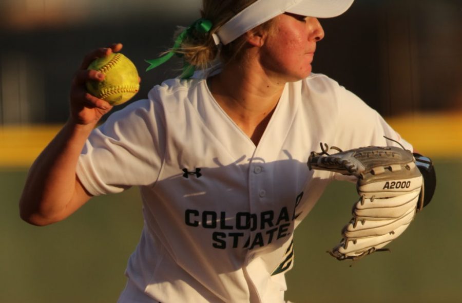 Colorado State University's Larisa Petakoff (25) throws to first for an out during a game against Penn State on Friday, March 3rd at Colorado State University. CSU beat Penn State 4-0. (Forrest Czarnecki | Collegian)