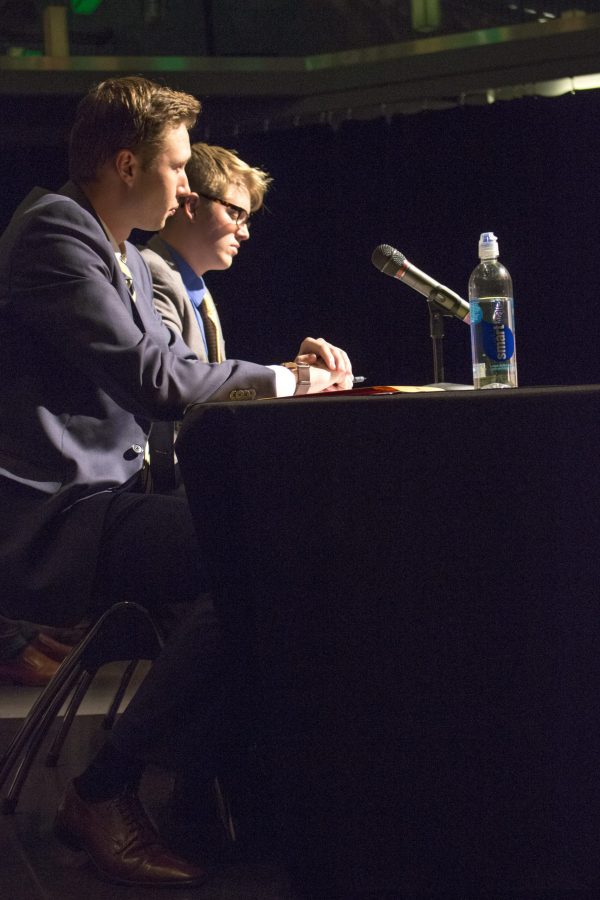 Sam Barthel and Willis Scott monitored the debate Wednesday between ASCSU candidates running for Senate, President and Vice President positions.