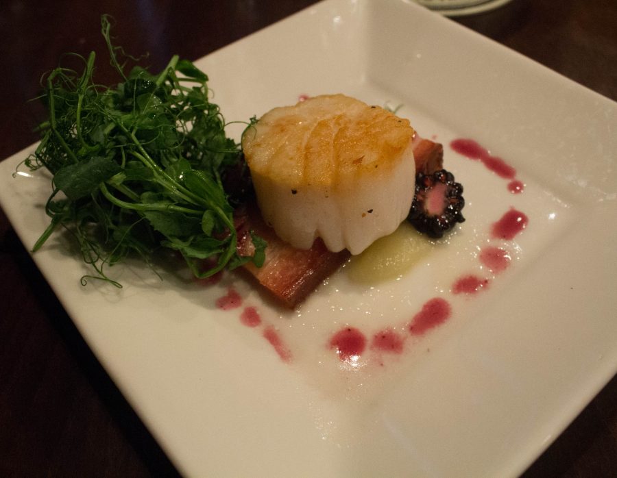 Diver sea scallop, pea shoots, blackberry reduction, fennel essence and smoked pork belly, paired with a sour blackberry ale Photo credit: Max Sundberg