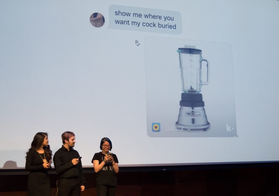 Demi Serrano, Tyler Fultz, and Connor McFarland perform a skit about sexting at The Blank Monologues friday night in the LSC theater. Photo by Olive Ancell | Collegian