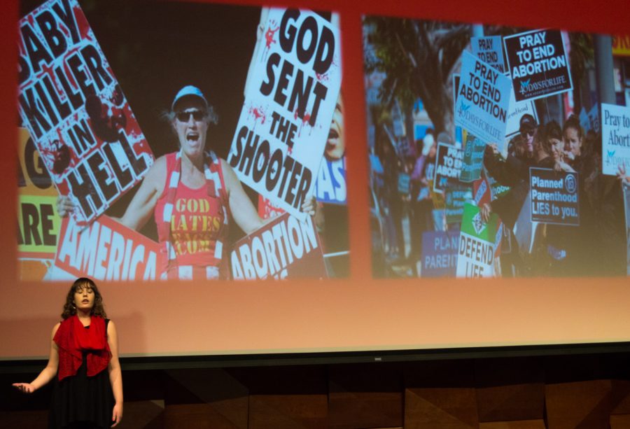 Elizabeth Schweinzger is a second year student studying Biological Sciences. She spoke about abortion at The Blank Monologues Friday evening in the LSC theater. Photo by Olive Ancell | Collegian