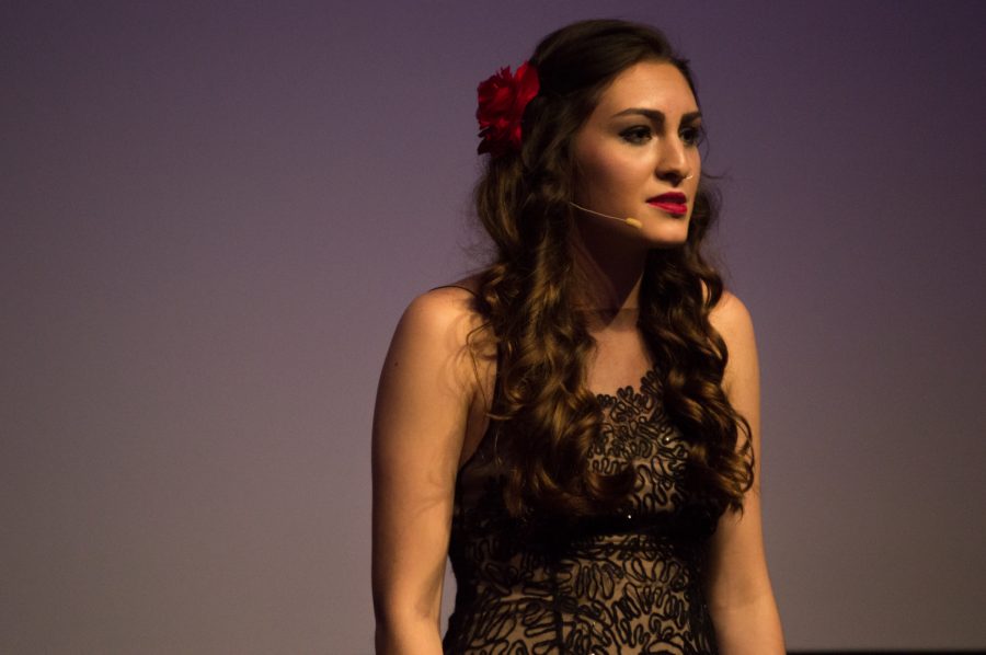 Natalie Rios speaks at the Blank Monologues Friday night in the LSC theater. Photo by Olive Ancell | Collegian