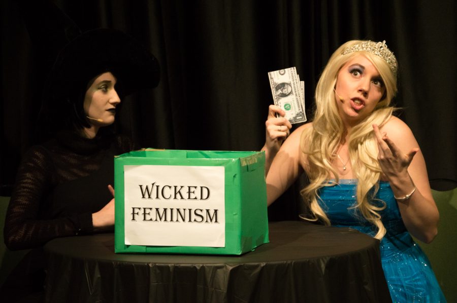 Brenna Carter and Samantha Swain perform the skit "Unboxing Wicked Feminism" at the Blank Monologues Friday evening in the LSC theater. Photo by Olive Ancell | Collegian