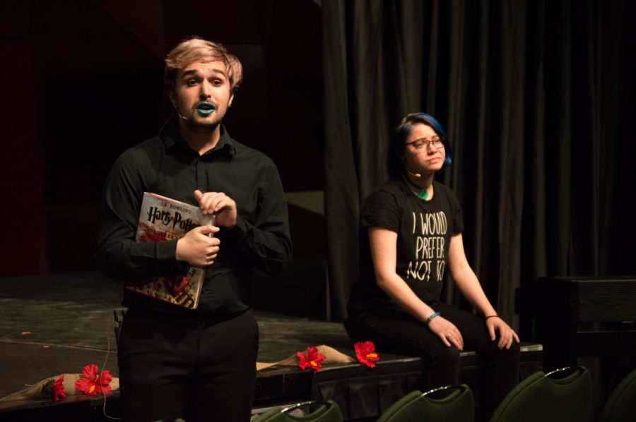 Tyler Fultz and Connor McFarland perform in the skit "Tone Policing" at the Blank Monologues in the LSC Theater Friday evening. Photo by Olive Ancell | Collegian