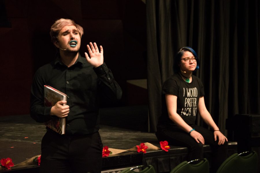 Tyler Fultz and Connor McFarland perform in the skit "Tone Policing" at the Blank Monologues in the LSC Theater Friday evening. Photo by Olive Ancell | Collegian