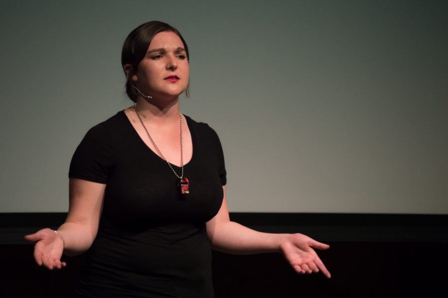 Whitney Gustafon tells her story "These Hands" at The (Blank) Monologues on Friday night at the LSC theater. Photo by Olive Ancell | Collegian