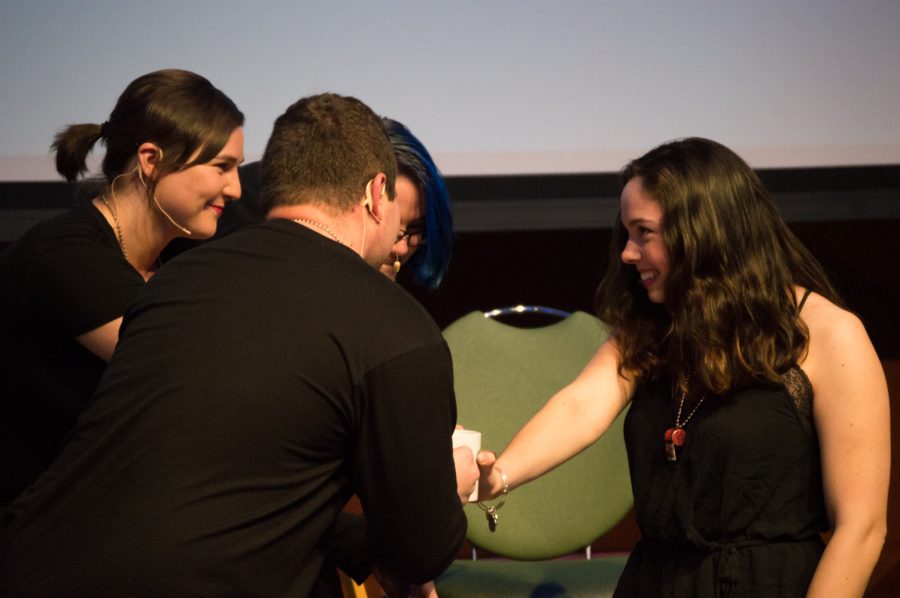 The Red Whistle Brigade performs a skit about consent at The Blank Monologues friday night in the LSC theater. Photo by Olive Ancell | Collegian