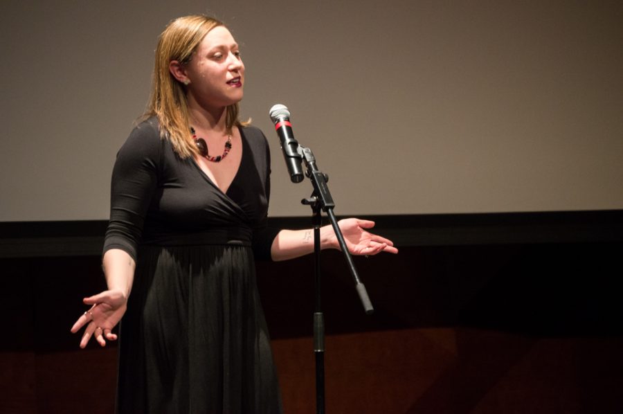 Beth Stoneburner tells her story at the Blank Monologues on friday night at the LSC theater. Photo by Olive Ancell | Collegian