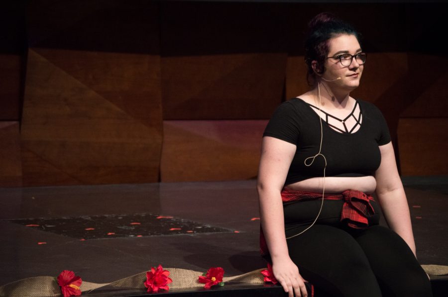 Em Boyett, a second year student majoring in Psychology, engages the audience in her story at the Blank Monologues on friday night in the LSC theater. Photo by Olive Ancell | Collegian