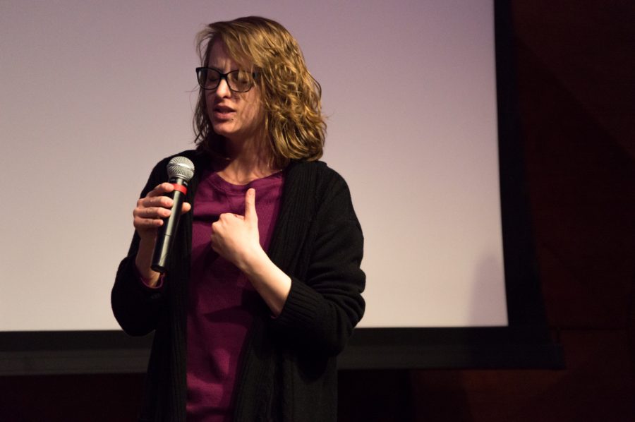 Kari Rogers, a second year student majoring in Ecosystem Science and Sustainability, shares her story at The Blank Monologues friday night at the LSC theater. Photo by Olive Ancell | Collegian
