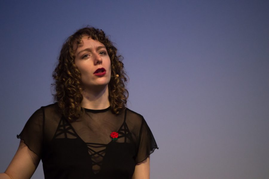 Acacia Wells, a student majoring in English, performs at The Blank Monologues Friday night in the LSC theater. Photo by Olive Ancell | Collegian