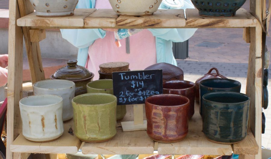 Hand made pottery items for sale on on of the Pop Up Art Carts. (Ashley Potts | Collegian)