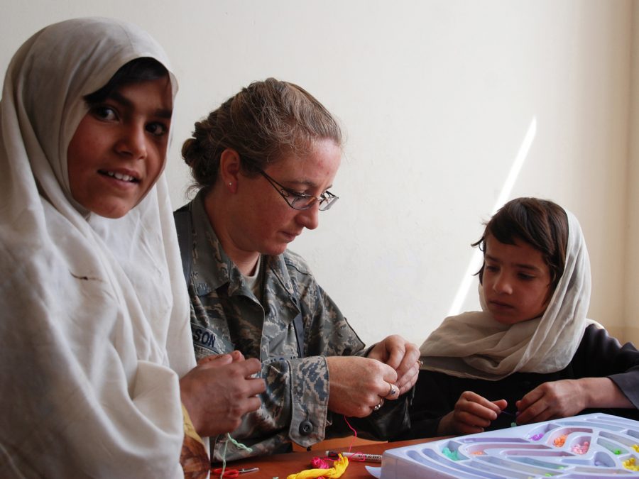 Air Force Master Sgt. Billie Wilson takes part in a volunteer community relations program trip to the Zabuli Education Center for girls and women in Kabul May 8. (Photo courtesy of commons.wikimedia.org)