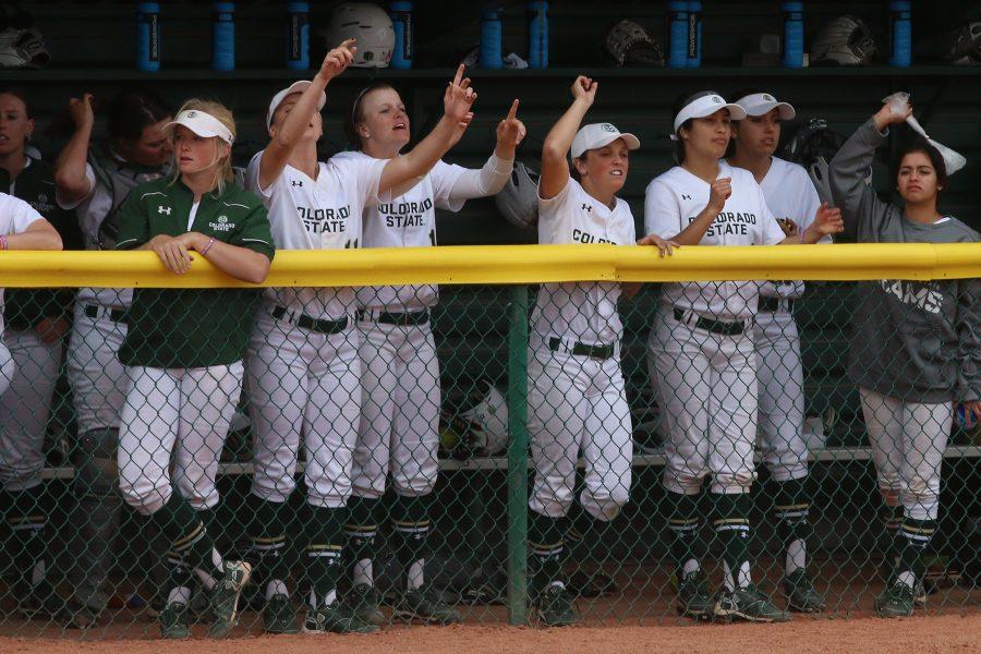 The Colorado State softball team cheers on a teammate up to bat against UNC on Tuesday, April 11, 2017 at Rams Field. (Elliott Jerge | Collegian)