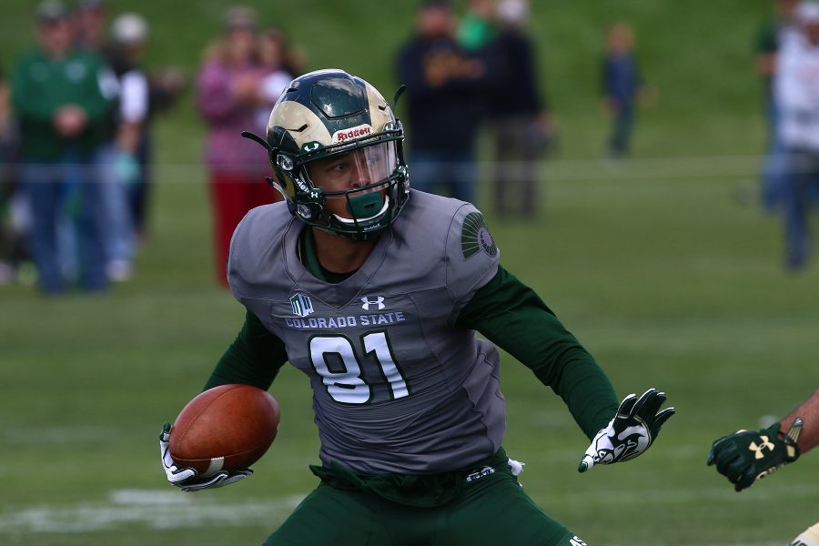 Colorado State Wide Receiver Olabisi Johnson runs down the field during the Green and Gold game on Saturday April 22, 2017. (Elliott Jerge | Collegian)