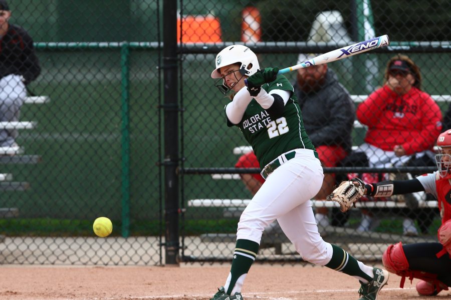 Colorado State first baseman Hannah McCorkhill swings against UNLV at Rams Field on Friday April 21, 2017. (Elliott Jerge | Collegian)