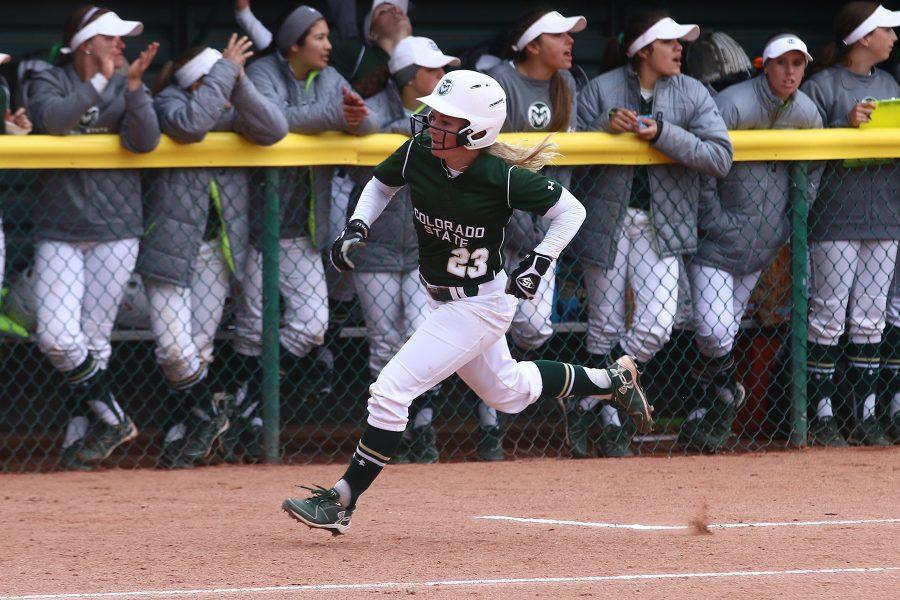 Colorado State shortstop Haley Hutton rounds third on her way home during a game against UNLV at Rams Field on  April 21, 2017. (Elliott Jerge | Collegian)