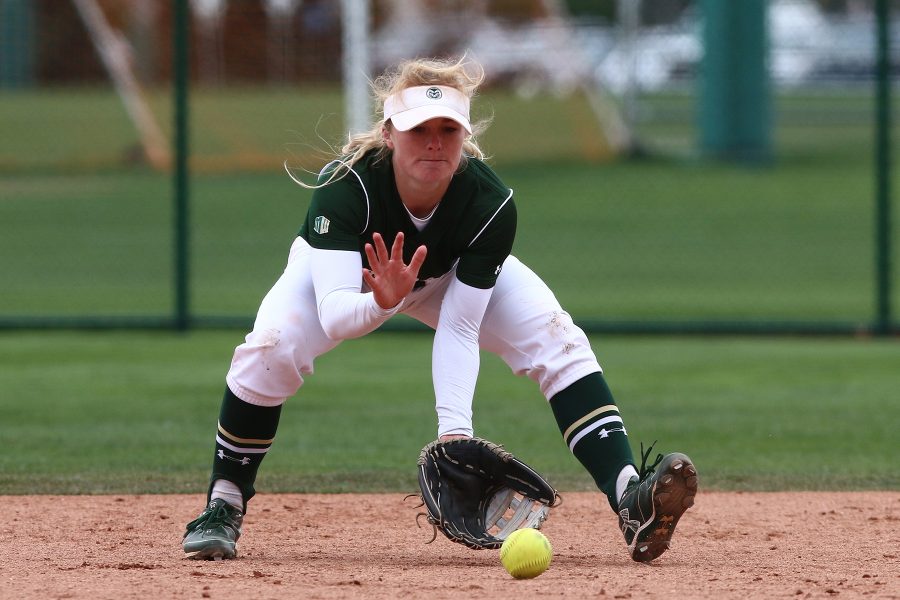 Colorado State Shortstop Haley Hutton picks up a ground ball during a game against UNLV on Friday April 21, 2017. (Elliott Jerge | Collegian)