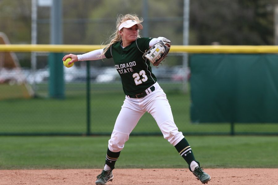 Colorado State Shortstop Haley Hutton makes a throw to first base during a game against UNLV on Friday April 21, 2017. (Elliott Jerge | Collegian)