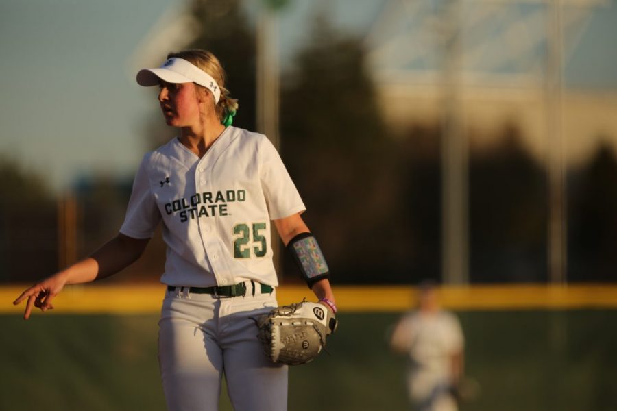 Colorado State Universitys Larisa Petakoff (25) listens to call from the CSU softball coach during a game against Penn State on Friday, March 3rd at Colorado State University. CSU beat Penn State 4-0. (Forrest Czarnecki | Collegian)