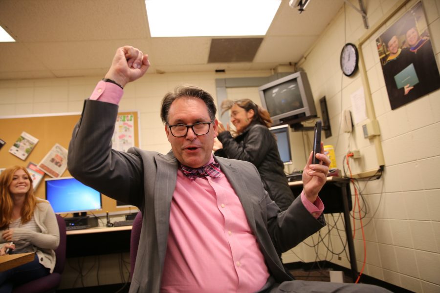 Kevin Hall celebrates after hearing the announcement that an investigative reporting team he was on won the 2017 Pulitzer Prize for Explanatory Reporting on the "Panama Papers". (Forrest Czarnecki | Collegian)