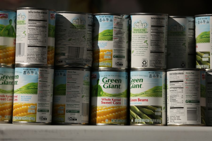 Assorted types of food line the tables at an event put on by SLiCE and the Larimer County Food Bank on Thursday afternoon in front of the Sherwood Forest. The event was put on to help fight food insecurity at Colorado State University. (Forrest Czarnecki | Collegian)